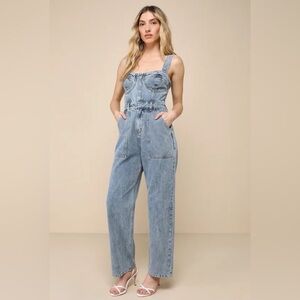 EUC Lulus Fresh Perfection Light Wash Bustier Sleeveless Denim Jumpsuit